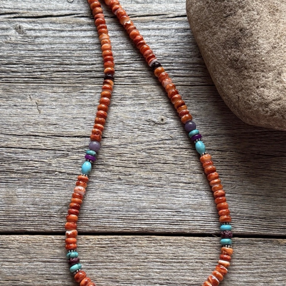 Orange Spiny Oyster Multi Stone Color Sterling Silver Bead Necklace 18 inch Gift - Picture 12 of 12